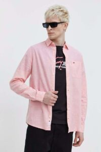 Košile s příměsí lnu Tommy Jeans růžová