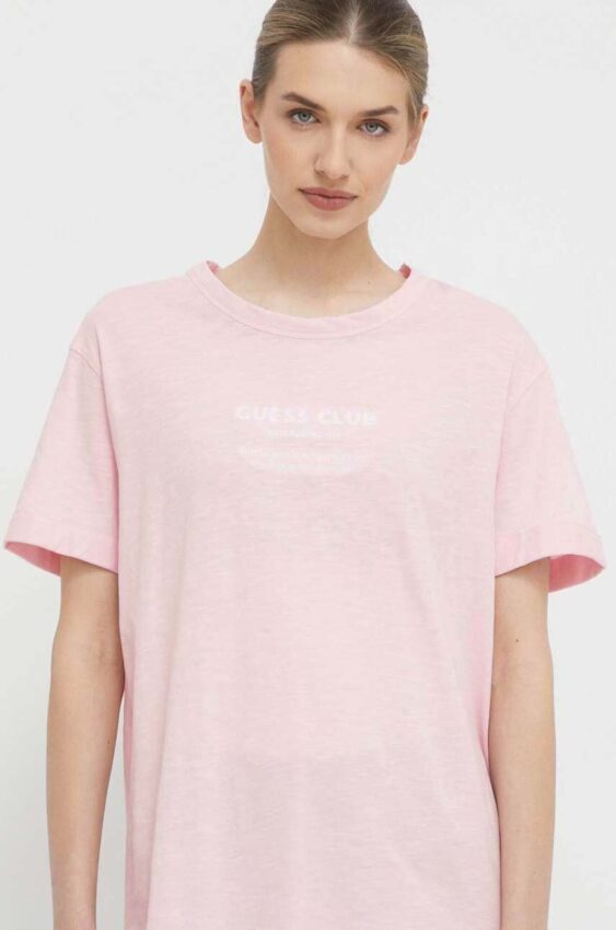 Bavlněné tričko Guess LEAH růžová
